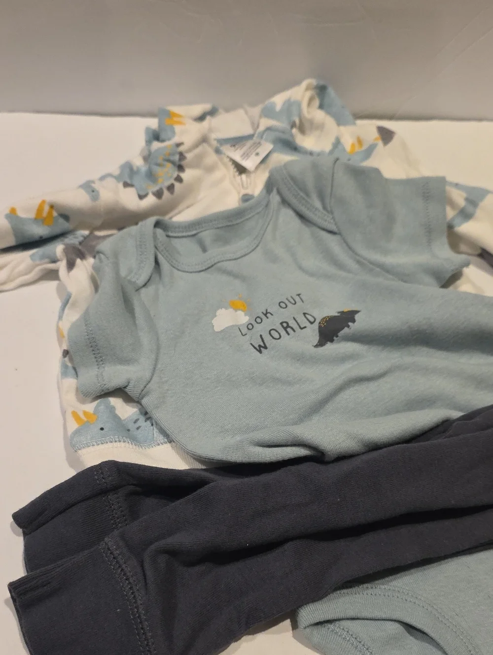 Carters 9 Months Baby Bodysuit Set with Dino Print - Light Blue & Navy